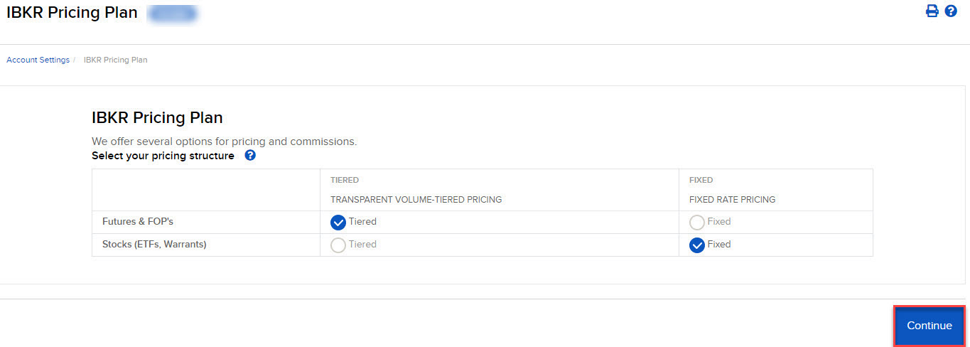 The IBKR pricing plan panel in org. portal. 