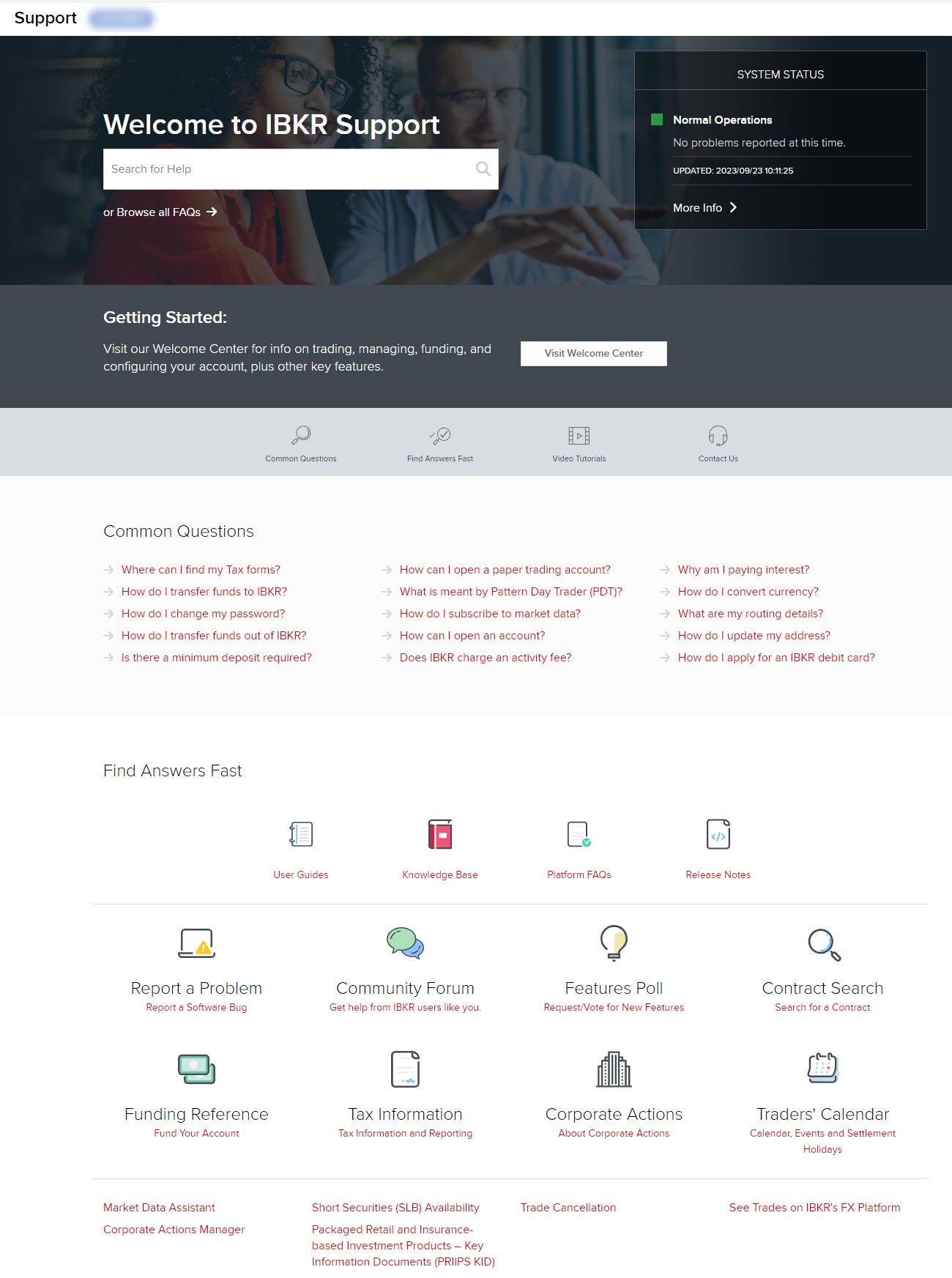 The support center menu in org. portal. 