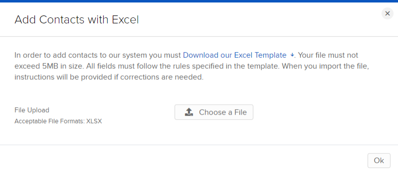 Image of the add contacts with excel panel in portal. 