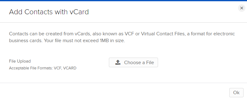 Image of the add contacts with vCard panel in portal. 