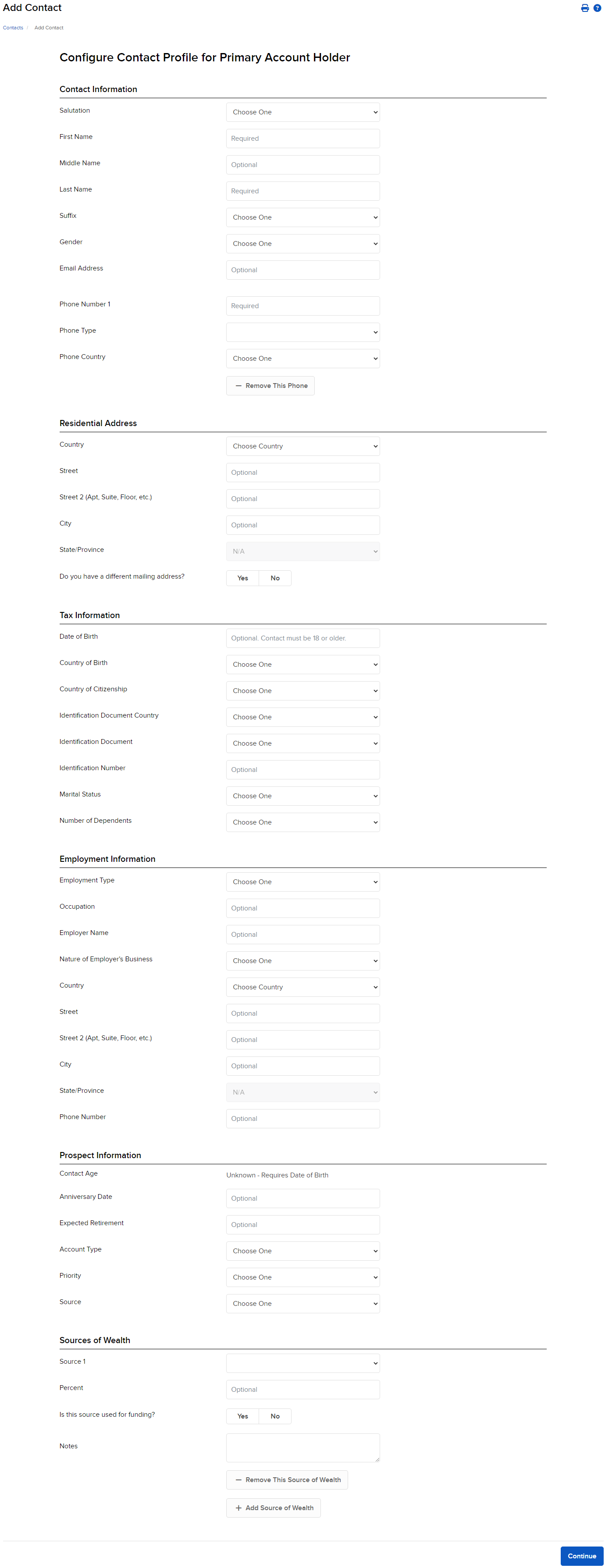 Image of the configure contact profile for primary account holder panel in portal. 