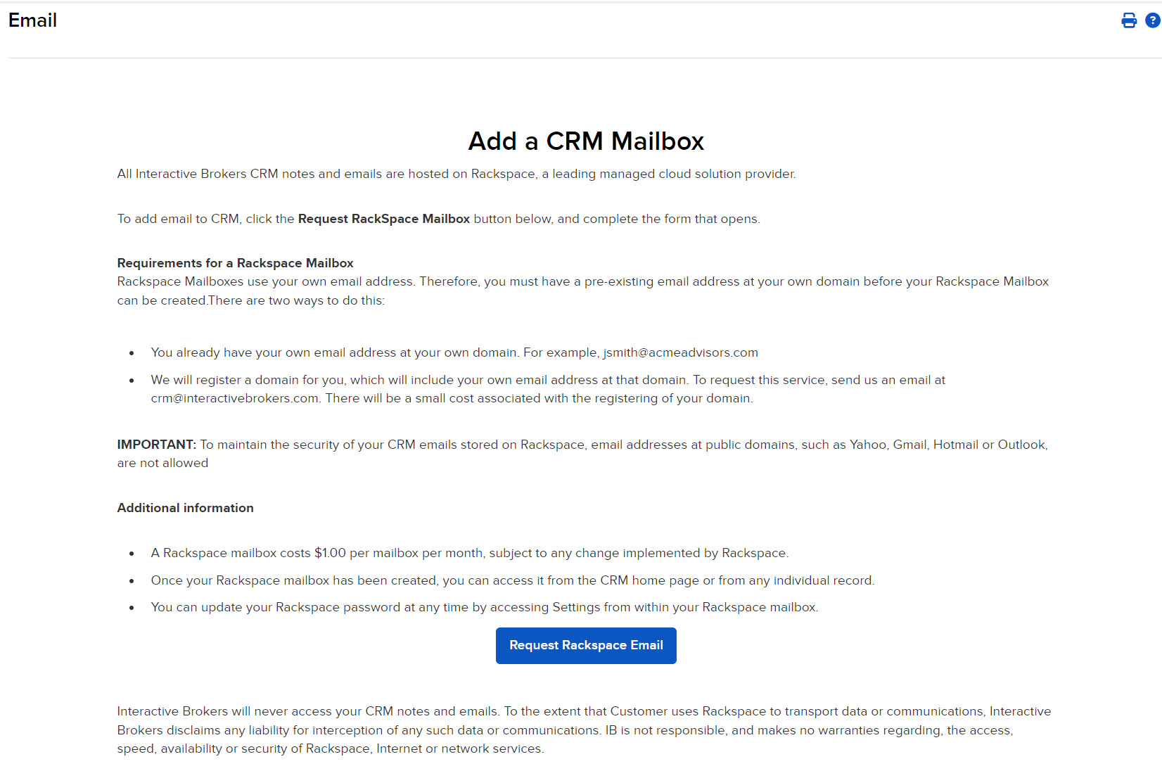 Image of the request rackspace email panel in portal. 