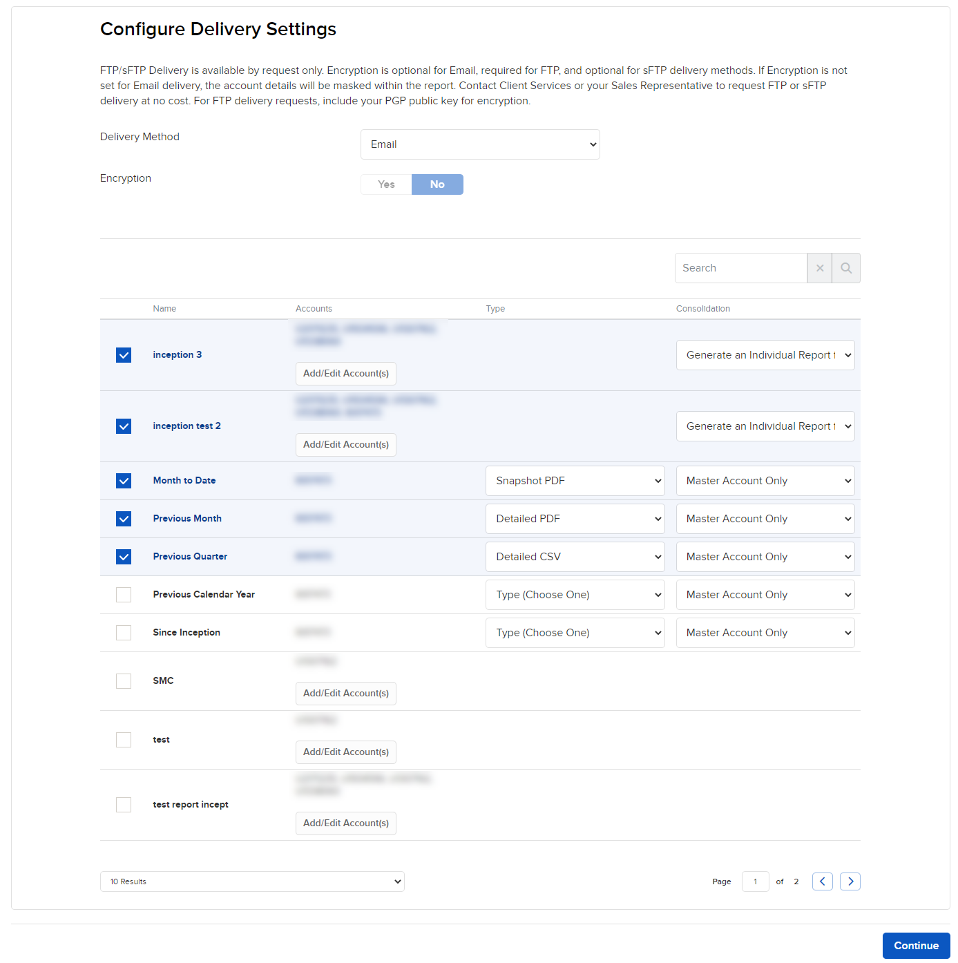Image of the PortfolioAnalyst configure delivery settings panel. 
