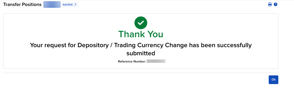 Image of the depository switch sucessfully submitted in Portal. 