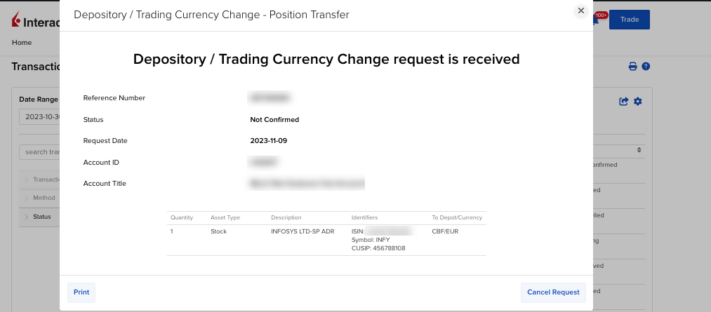 Image of the depository switch cancelation request in portal. 