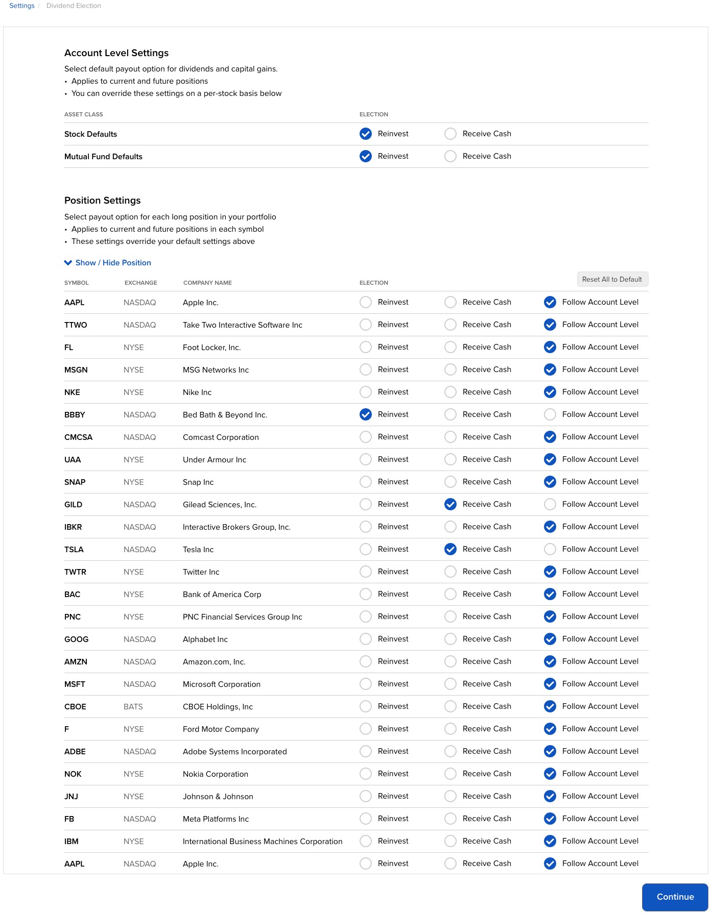 The account level settings panel in org. portal.