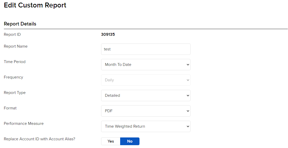 Image of the PortfolioAnalyst edit custom report panel. 