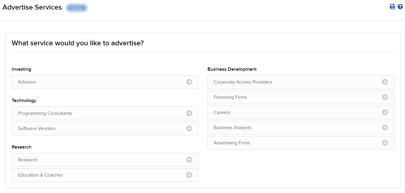 Image of the advertise services panel in Portal.