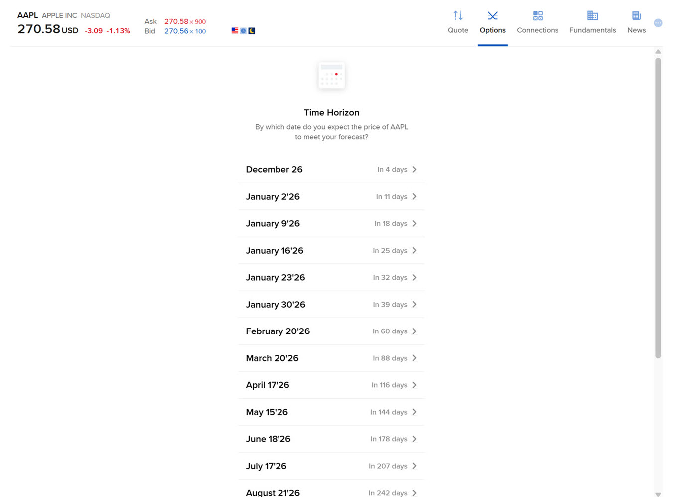 The option wizard select date in portal. 