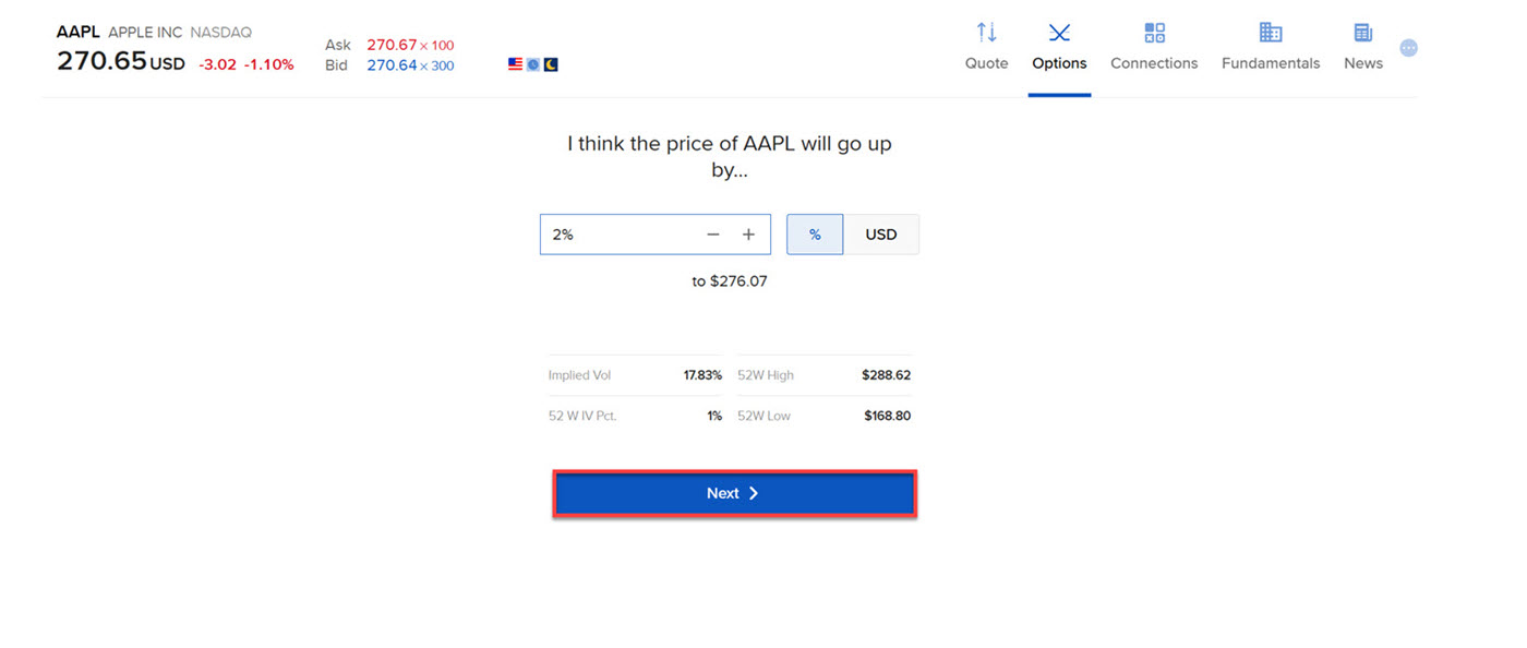 The option wizard forecast criteria in portal. 