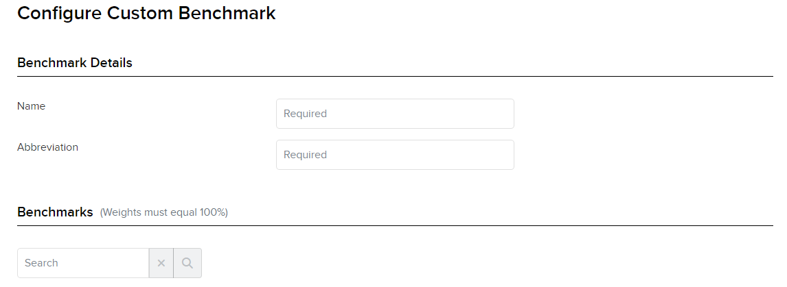 Image of the PortfolioAnalyst configure custom benchmark panel. 