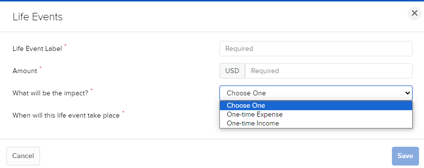 Image of the PorftolioAnalyst life events impact panel. 