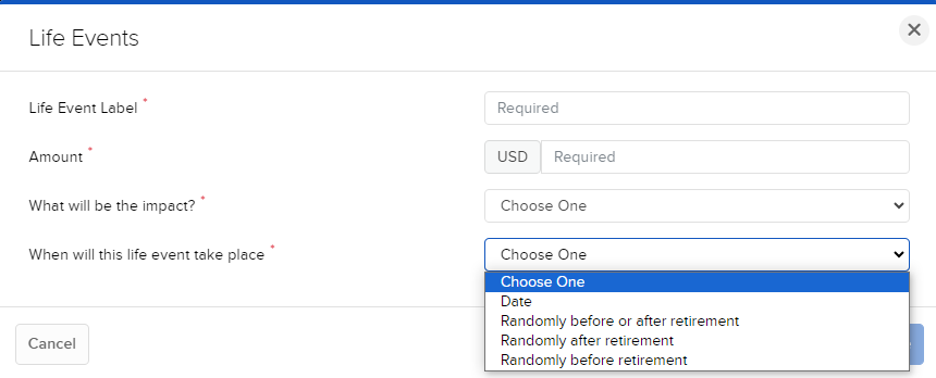 Image of the PorftolioAnalyst when will this life event take place panel. 