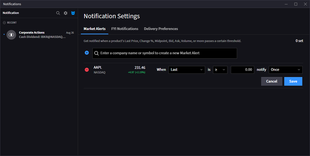 The notification settings in TWS. 