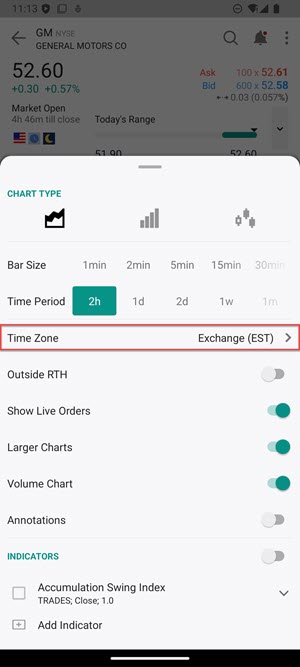 The IBKR Android Mobile Exchange Time Zone Chart Setting