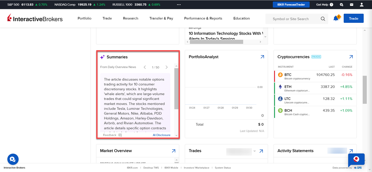 The AI summaries widget homepage