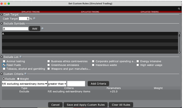 The model portfolio custom rules window. 