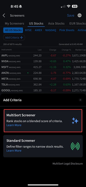 IBKR iOS Mobile MultiSort Screener