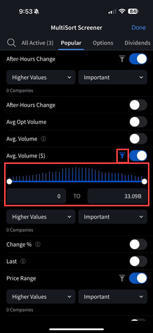 The IBKR iOS Mobile MultiSort Screener with the filter icon.