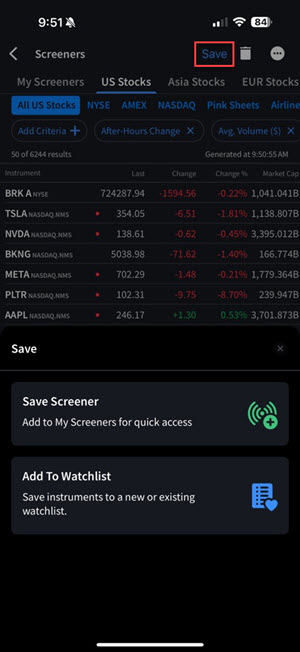 The IBKR iOS Mobile MultiSort Screener save function.