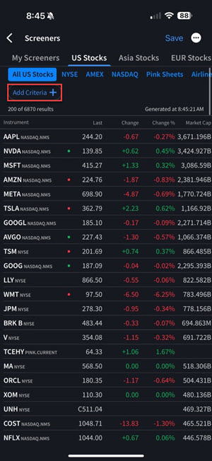 The IBKR iOS mobile MultiSort Screener shows the Add Criteria option
