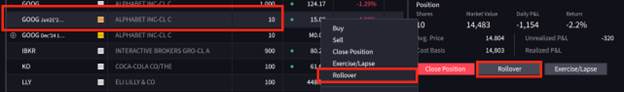 The iBKR desktop option rollover menu