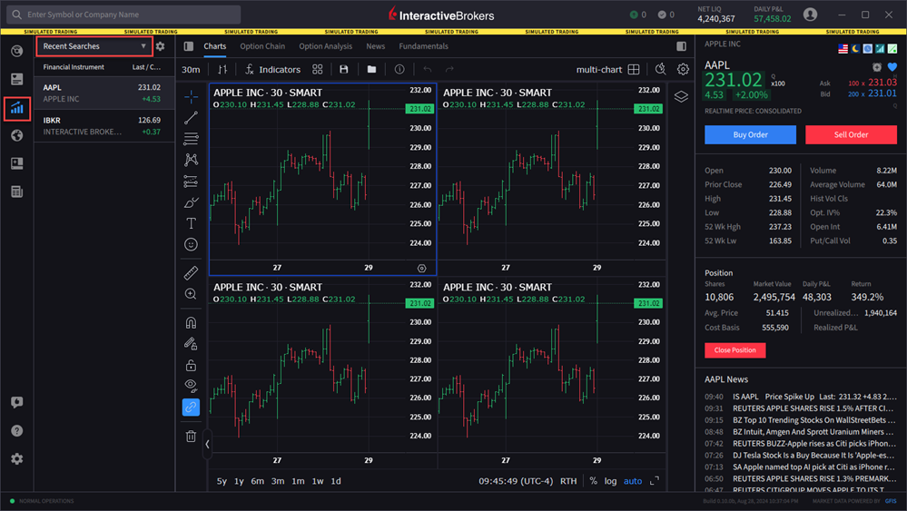 The quote panel recent searches menu. 