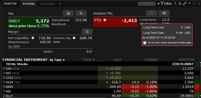 Hover Over Long Term or Short Term in TWS 