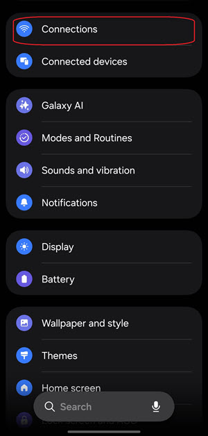 Select Connections on AndroidOS for Passkey