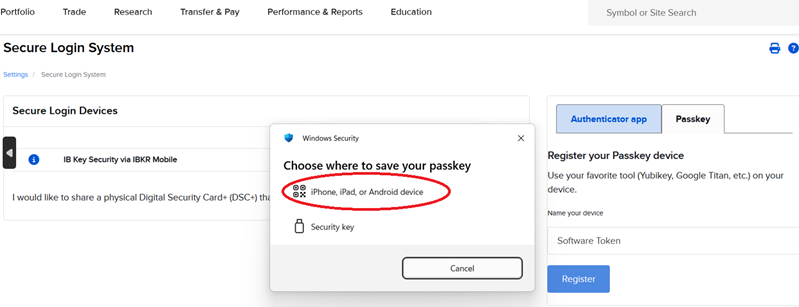 Choose Device for Passkey in Portal