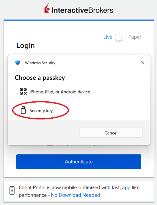 Choose Security Key from Login Page in Portal