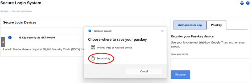 Select Security Key in Portal