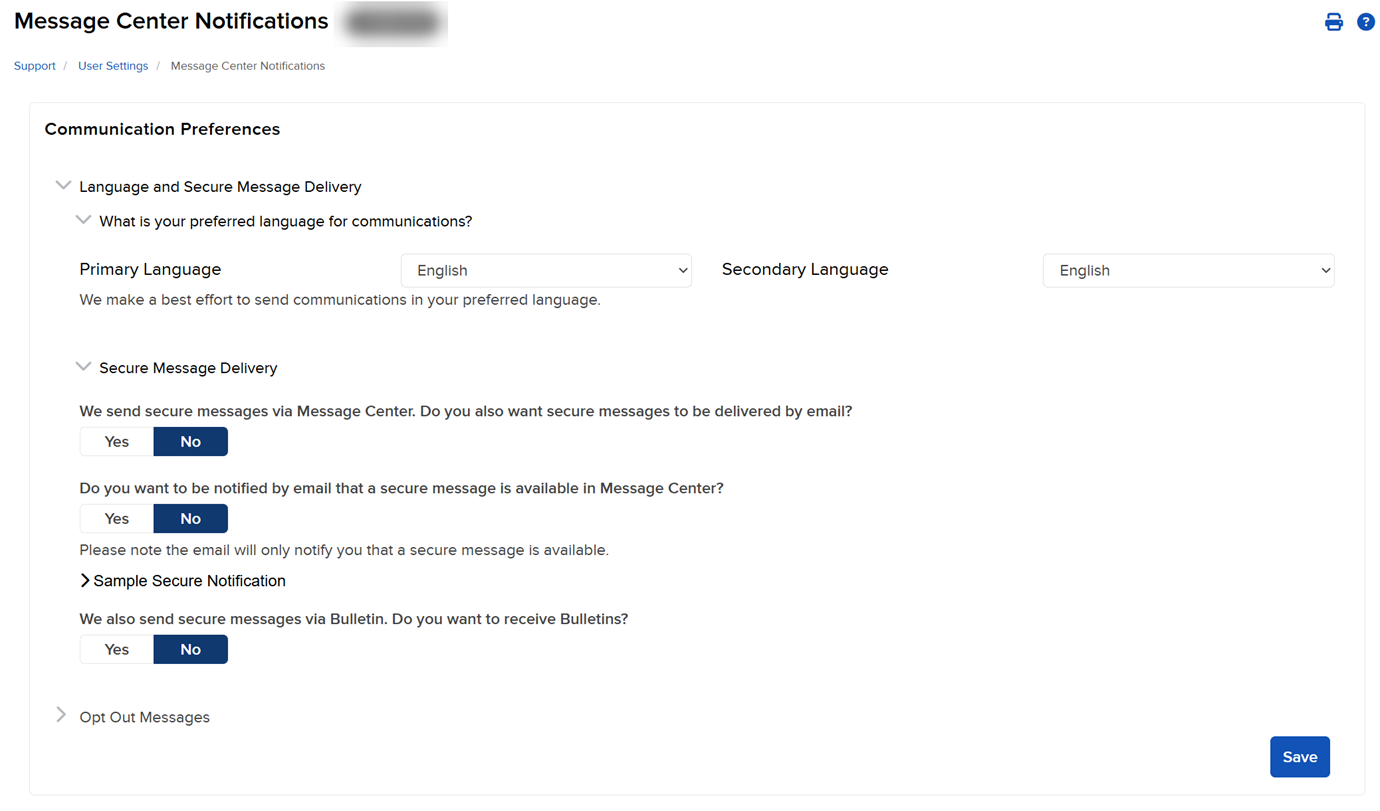 Image of the communication preferences in Portal. 