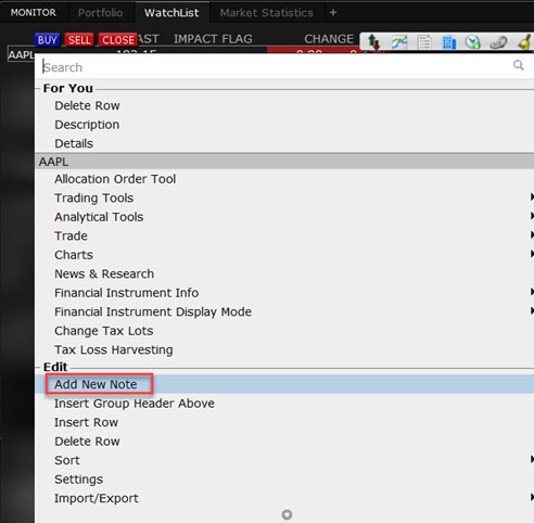 The add a note menu in TWS. 