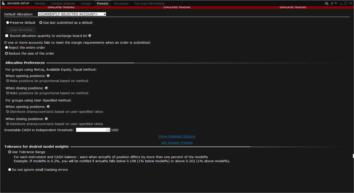The advisor default allocations window in TWS. 