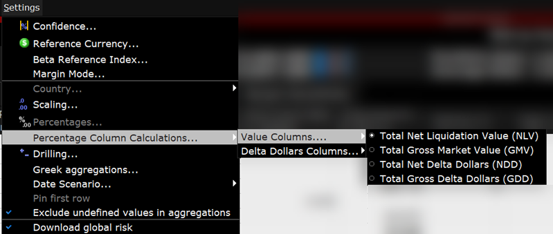 The percentage column calulations menu in TWS. 