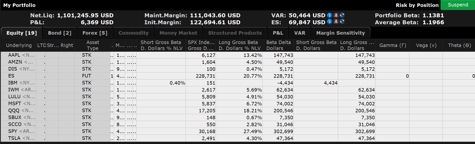 The risk navigator table in TWS. 