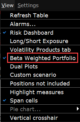 The risk navigator beta weighted portfolio menu in TWS. 