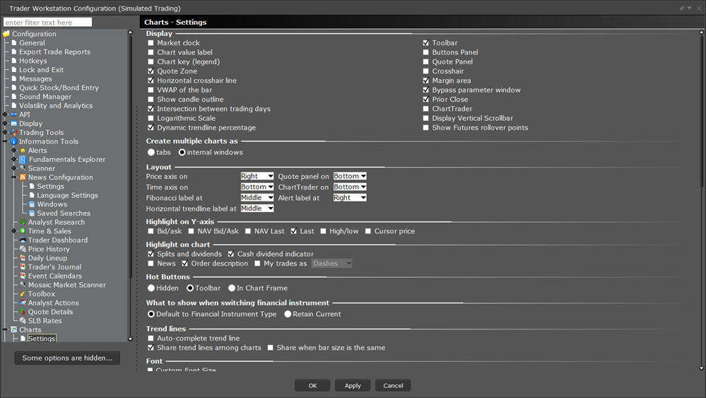 The TWS configuration chart settings menu