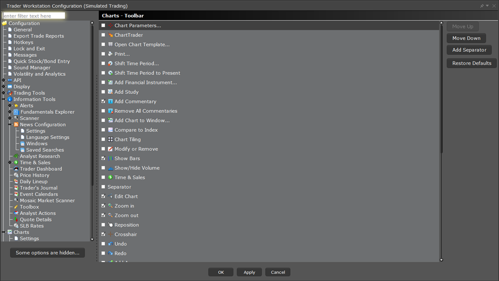 The TWS configuration charts toolbar menu. 