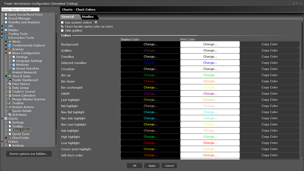 The TWS configuration charts colors menu. 