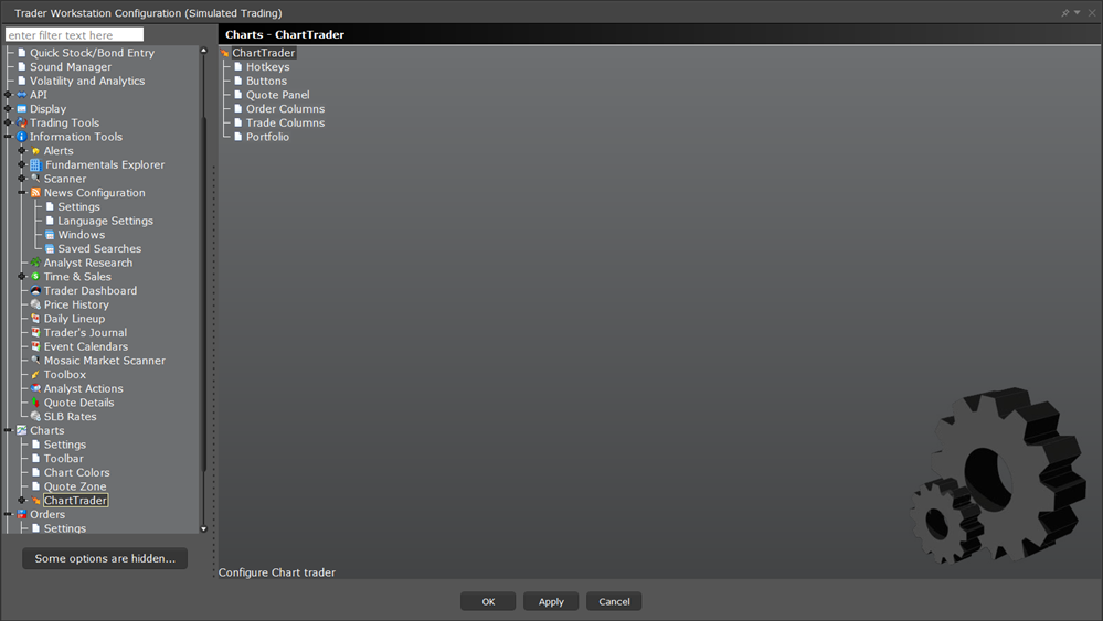 The TWS configuration charts trader menu. 