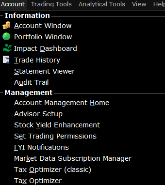 The classic TWS account menu