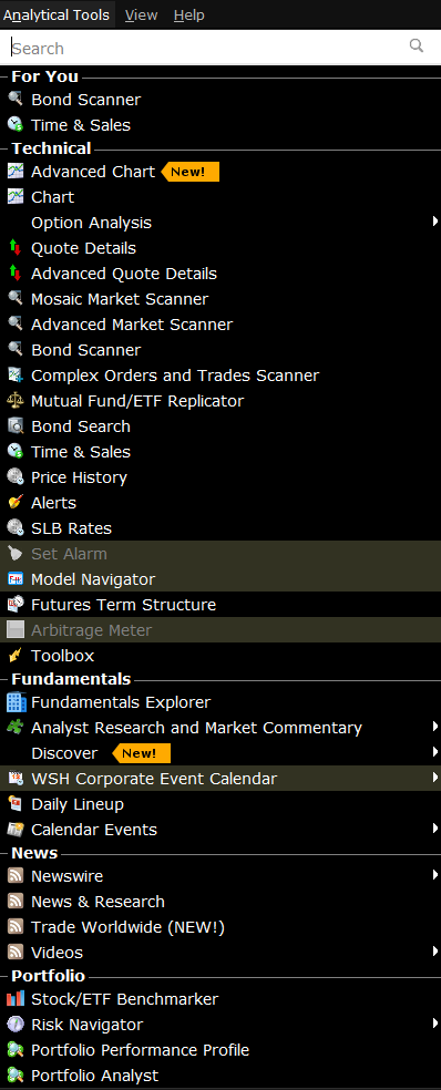 The classic TWS analytical tools menu