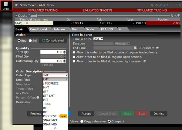 The order types drop-down in classic TWS. 