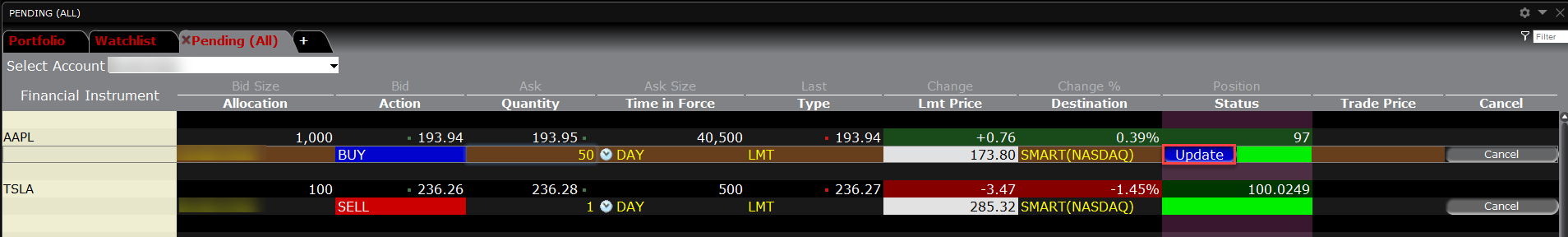 The modify an order parameters in classic TWS.
