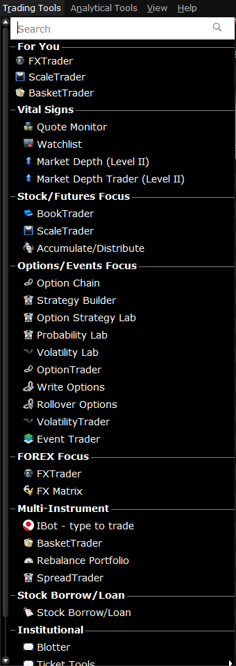 The classic TWS trading tools menu