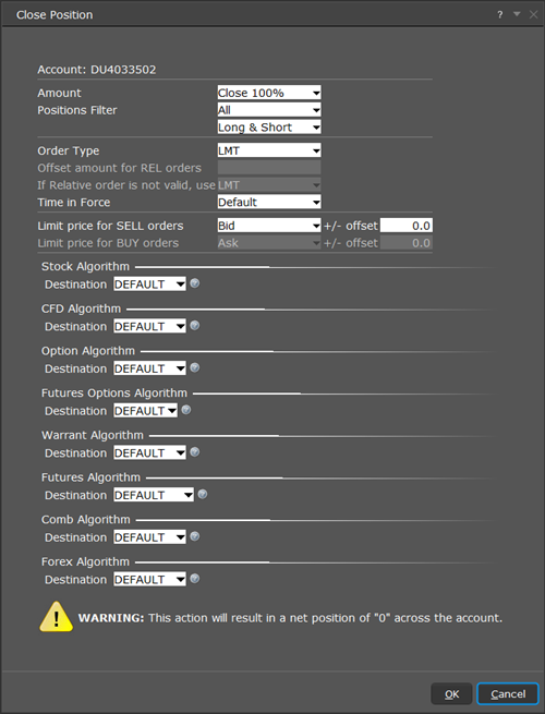 The close all positions parameters in TWS. 