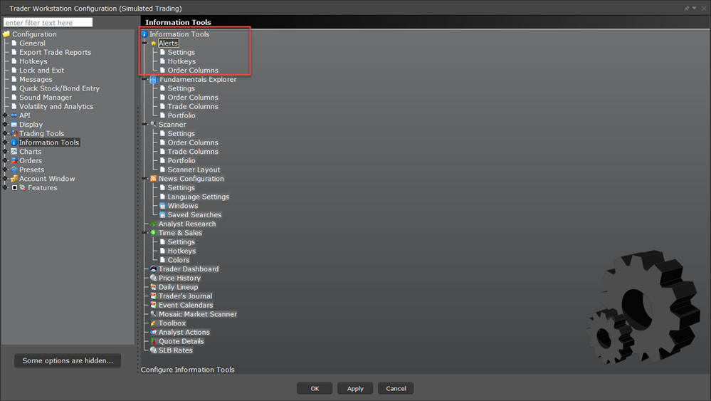 The TWS configuration information tools alerts menu