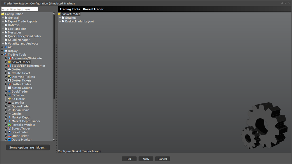 The TWS configuration trading tools BasketTrader menu. 